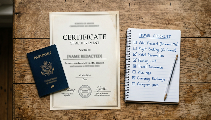 Overhead view of a passport, certificate, and checklist on a kitchen table