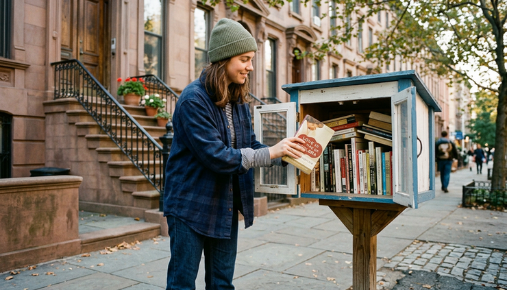 Low-angle view of a person placing a translated book into a Little Free Library on a city sidewalk