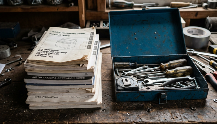 Eye-level view of translated product manuals stacked beside a small open toolbox