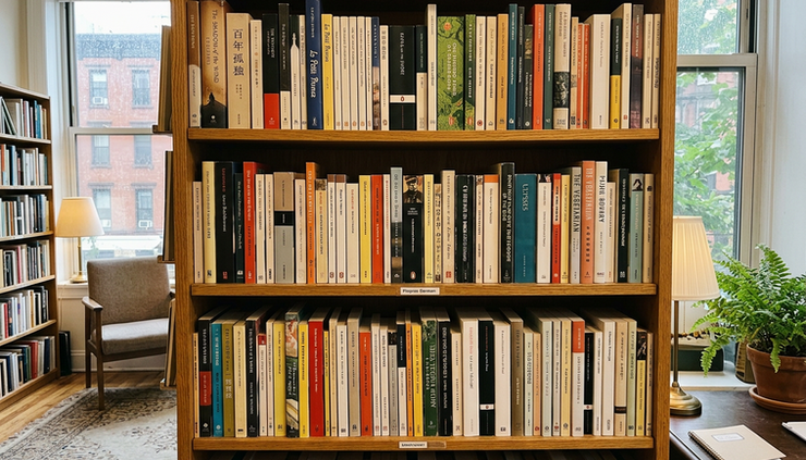 Wide-angle view of translated books displayed on a wooden shelf in a neighborhood reading room
