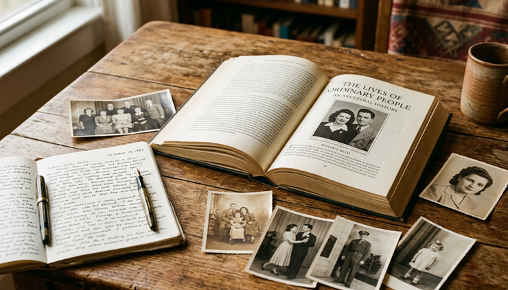 Eye-level view of an open biography with handwritten notes and old family photographs on a table