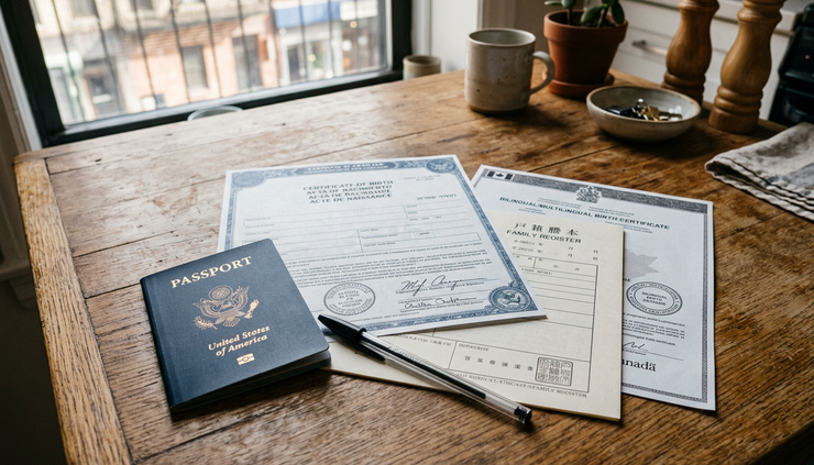 Close-up view of translated civil documents on a kitchen table