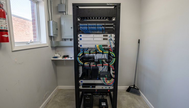 Wide-angle view of network cables connected to a small server rack in a utility room