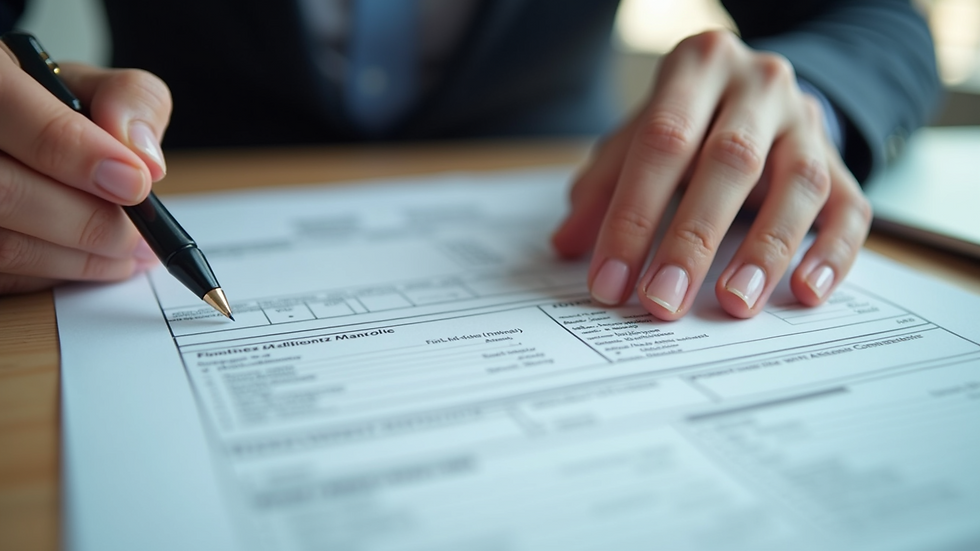 Close-up view of a person reviewing tax documents with a pen