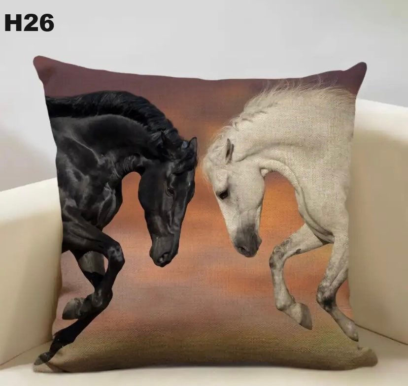 Linen Cushion Horses Fighting Black & Grey