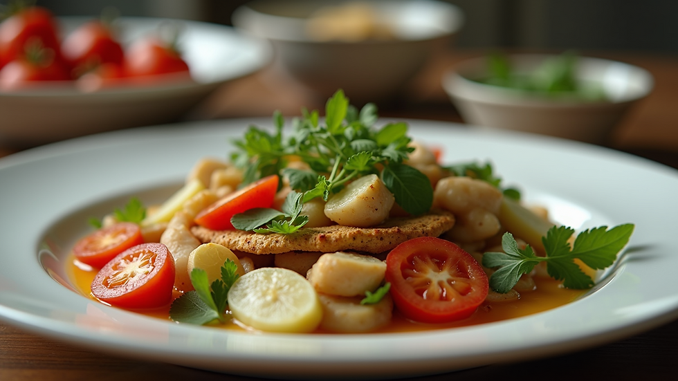 Eye-level view of a healthy meal prepared with diverse ingredients