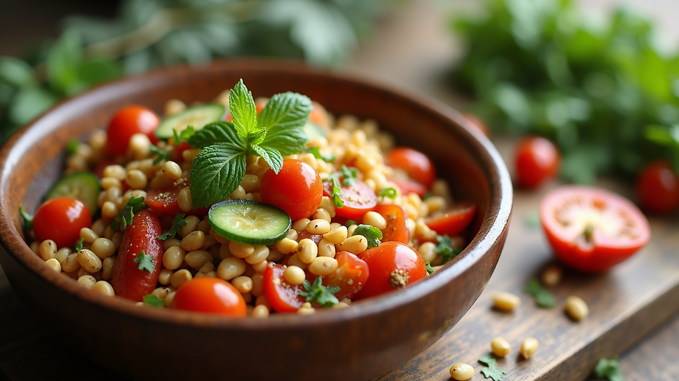Close-up view of a colorful bowl of fresh vegetables and grains