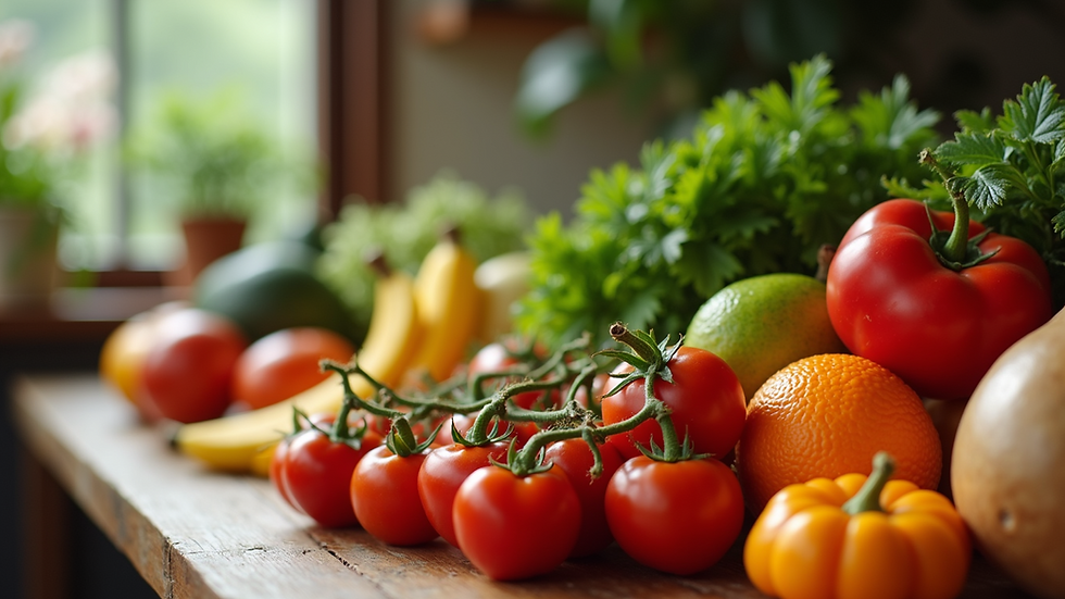 Close-up view of fresh fruits and vegetables on a wooden table