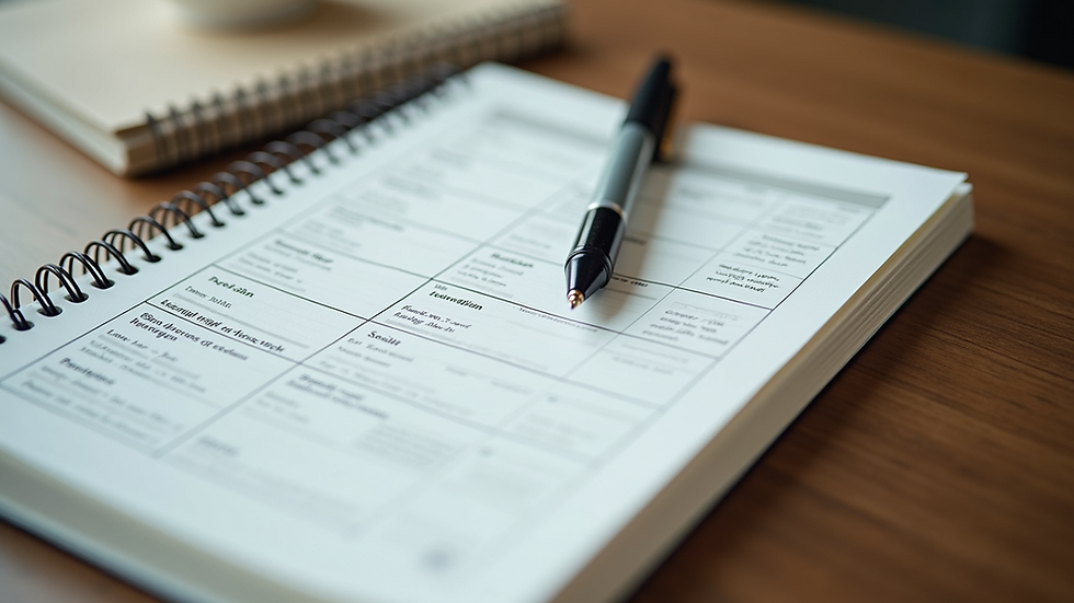 High angle view of a notebook with a nutrition plan and a pen