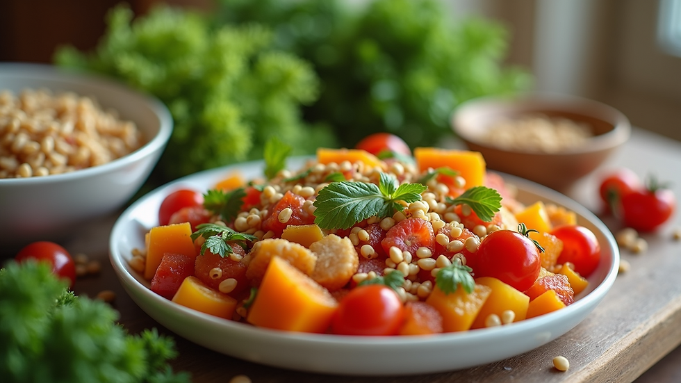 Close-up of a healthy meal prepared with fresh vegetables and grains