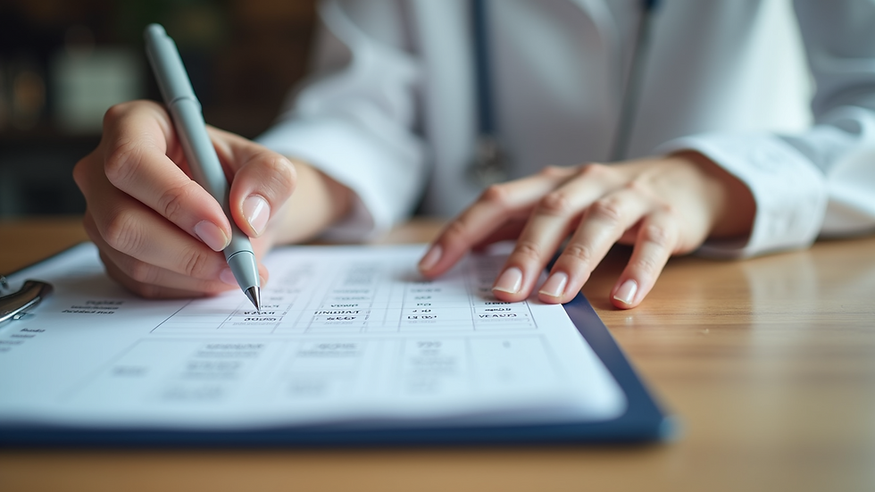 Close-up of a nutritionist’s hand writing a diet plan on a clipboard