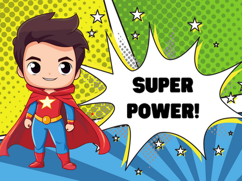 A chibi superhero stands confidently in a vibrant comic-style background, showcasing his superpowers with a bright star emblem on his chest.