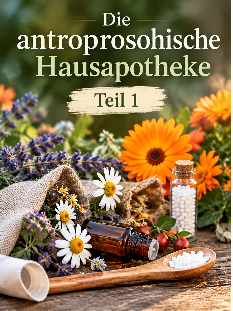 Anthroposophische Hausapotheke mit Heilpflanzen, Globuli, Tropfen und natürlichen Heilmitteln als Symbol für ganzheitliche Naturheilkunde und sanfte Selbsthilfe.