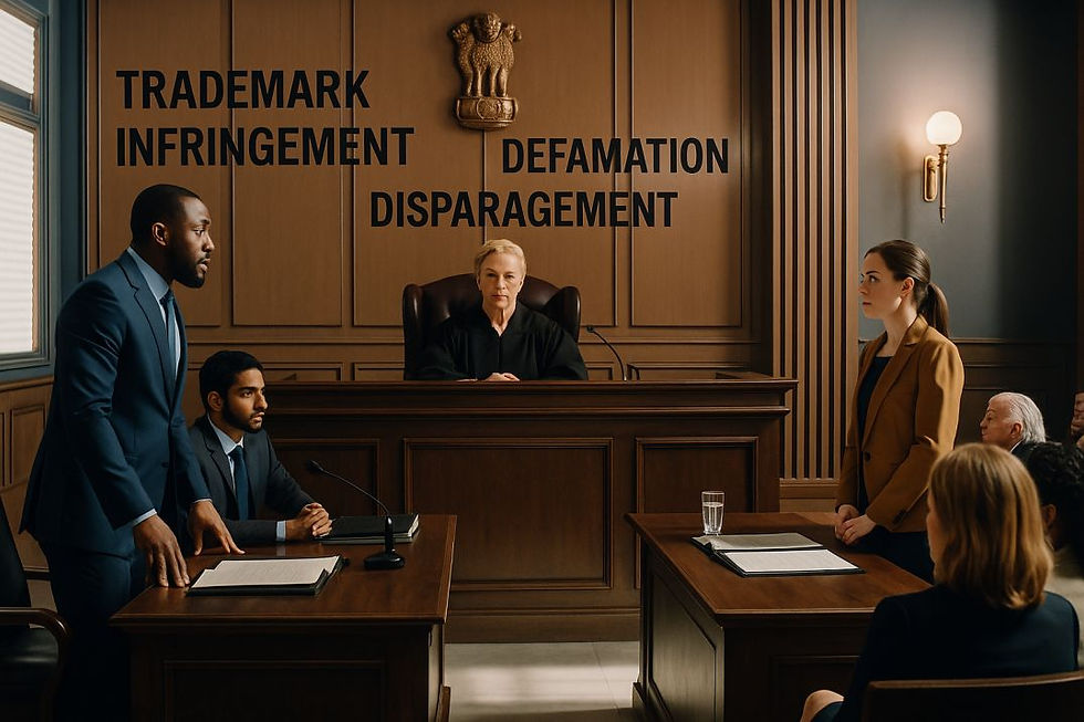 A high-resolution image of a modern courtroom with a judge and diverse lawyers discussing a case of trademark infringement, defamation, and disparagement. The Ashoka symbol is prominently displayed behind the judge.