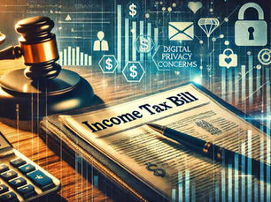 Income Tax Bill document with a gavel, calculator, and digital privacy symbols in the background.