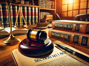 A judge's gavel, legal books, and documents on a wooden desk in a law office, symbolizing the legal aspects of Section 141 NI Act.