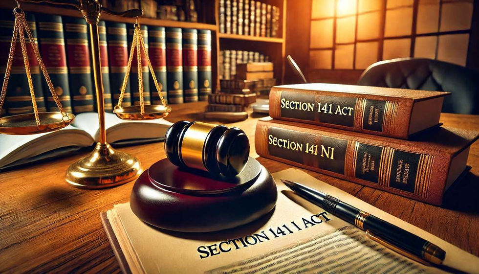 A judge's gavel, legal books, and documents on a wooden desk in a law office, symbolizing the legal aspects of Section 141 NI Act.