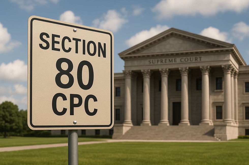 A signboard displaying 'SECTION 80 CPC' in front of a courthouse labeled 'SUPREME COURT,' symbolizing legal procedures for suing the government.