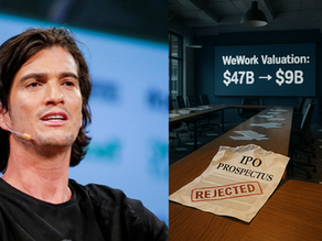 A split-scene image of WeWork’s founder-led success on one side and its dramatic corporate collapse on the other, highlighting IPO failure and governance issues.