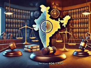 An artistic depiction of trial transfer under Section 406 CrPC in India, featuring two courtrooms, a judge’s gavel, legal books, a map of India, and a central scale of justice representing fairness in legal proceedings.