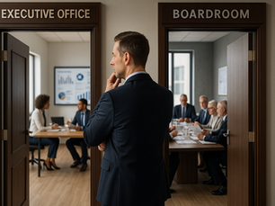 Professional standing between executive office and boardroom, representing dual roles in leadership and governance.