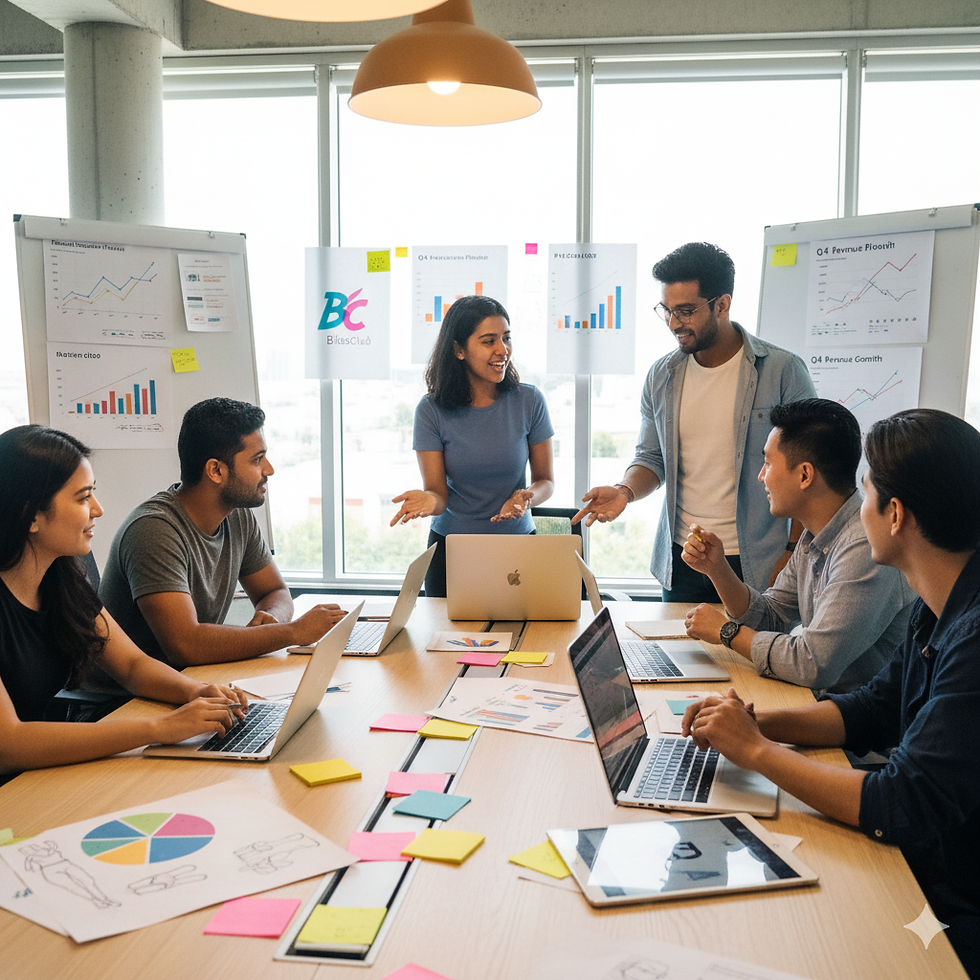 New leaders in BlissClub working together to drive product innovation, revenue growth, and creativity in a modern office setting.