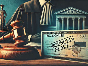 A legal-themed image featuring a judge’s gavel, a document labeled 'Section 138 NI Act,' and a dishonored cheque with a 'Bounced' stamp. The background includes a faint Supreme Court building, symbolizing judicial proceedings.