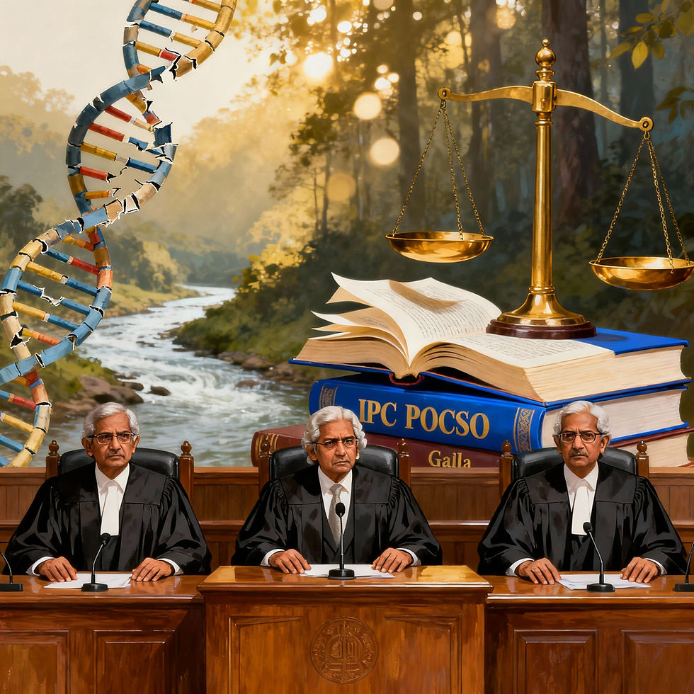 Supreme Court delivering its verdict in the 2014 minor rape case, symbolizing unreliable DNA evidence and broken circumstantial links.