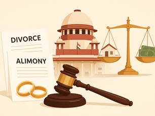 Supreme Court of India with gavel, broken wedding ring, and justice scales representing alimony and divorce settlements.