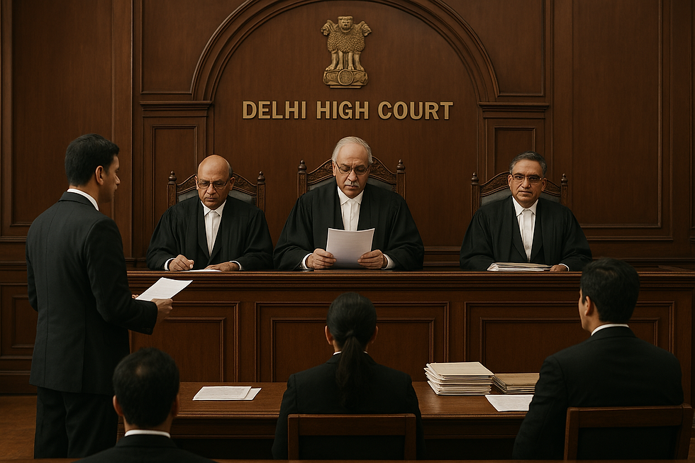 Judges in the Delhi High Court delivering a verdict on a Human Rights case under Article 21, symbolizing justice and dignity in parole decisions.