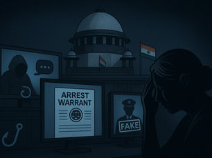 Digital arrest scam illustration showing forged court orders, cybercrime elements, and Supreme Court intervention.