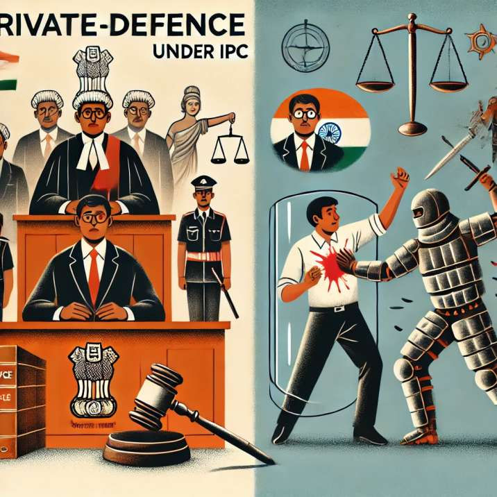 A courtroom scene depicting the concept of Private Defence Under IPC in India, showing a judge, lawyers, and an individual claiming self-defence with symbols of justice such as a gavel, scales, and law books.