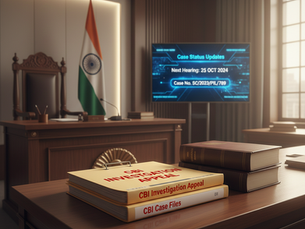 A detailed, clean composition shot of a modern Indian courtroom. The polished wooden judge's bench features a clearly visible folder labeled "CBI Investigation Appeal," alongside law books. A digital display shows case status updates in the background, where the Indian flag is also visible. The scene is lit with warm, professional lighting, conveying a legal editorial tone.