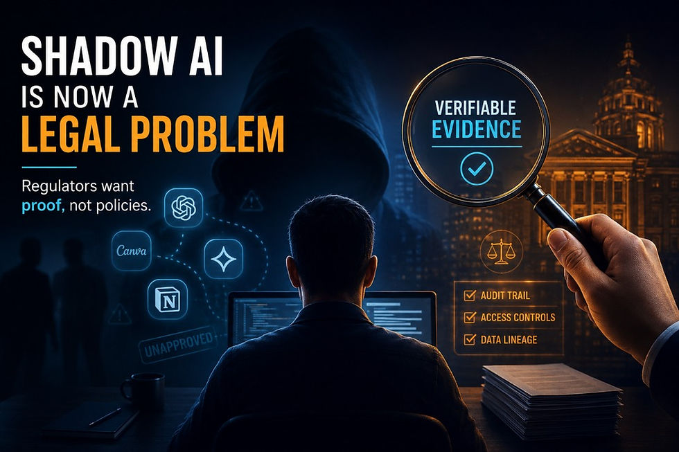 Shadow AI legal compliance concept showing unauthorized AI use, regulators demanding verifiable evidence, and audit trails, access controls, and data lineage.