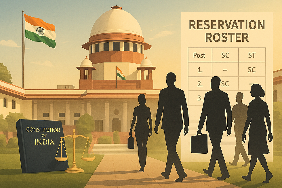 Supreme Court of India with symbolic representation of SC/ST professionals entering the judiciary, marking the implementation of reservation policy under CJI Gavai.