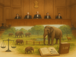 Supreme Court of India with judges on the bench, elephants in a protective enclosure, and legal symbols representing the SIT probe into Vantara’s animal welfare practices.