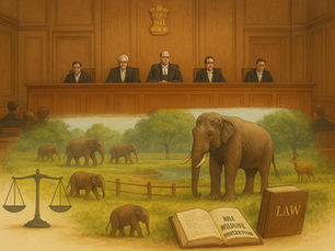Supreme Court of India with judges on the bench, elephants in a protective enclosure, and legal symbols representing the SIT probe into Vantara’s animal welfare practices.