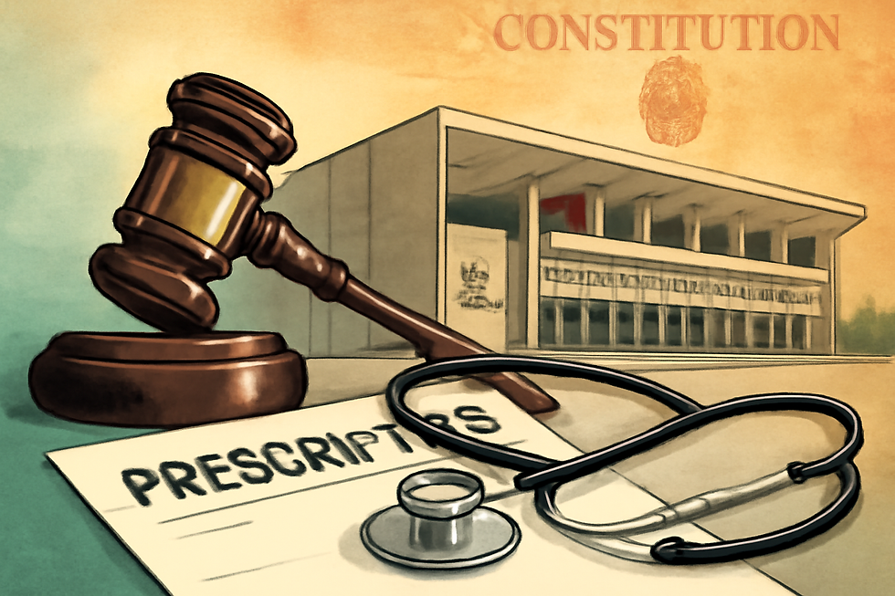 Judge’s gavel, stethoscope, and legible prescription paper in front of Punjab & Haryana High Court, symbolizing the ruling that medical prescriptions are a Fundamental Right.