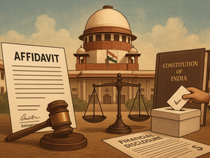 Supreme Court of India with election affidavit, ballot box, and scales of justice symbolizing the Representation of the People Act, 1951.