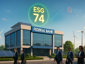 Federal Bank building with ESG score of 74 displayed above it, surrounded by solar panels, wind turbines, and diverse professionals, symbolizing sustainability and responsible banking in India.