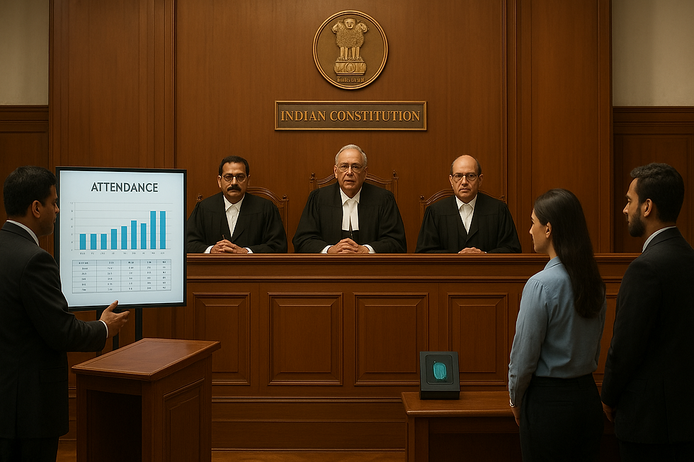A courtroom scene in the Supreme Court of India showing judges ruling in favor of the Biometric Attendance System, highlighting the balance between law, technology, and governance.