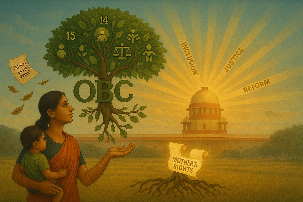 A symbolic tree of justice growing from a single mother's hand, replacing paternal caste documents with empowerment and equality, under the rising sun of Supreme Court reform.