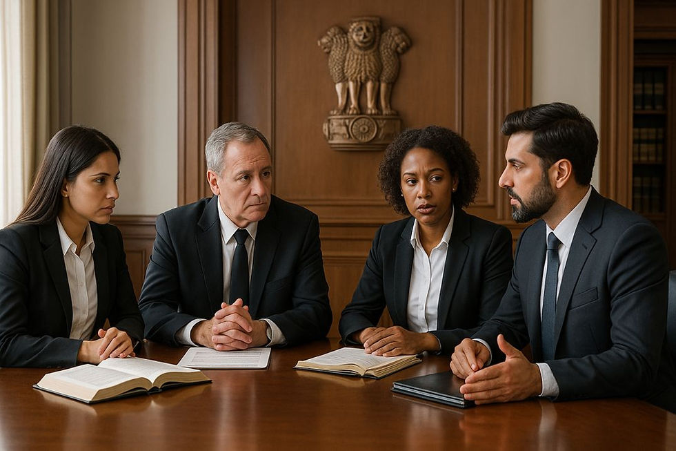 Four diverse lawyers in business attire engaged in a serious legal discussion around a polished conference table, with the Ashoka symbol in the background, representing Supreme Court proceedings on economic offences.