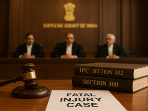 Editorial-style illustration of the Supreme Court of India courtroom with judges deliberating. Foreground shows a gavel, law books labeled 'IPC Section 302' and 'Section 300', and documents marked 'Fatal Injury Case', emphasizing legal analysis of delayed death in murder cases.
