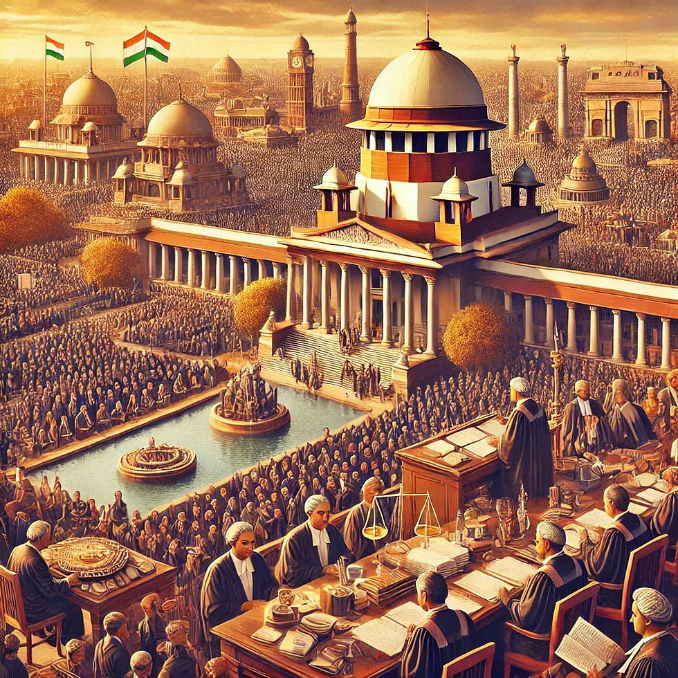 Supreme Court of India with scales of justice, representing its origins, powers, and role in governance.