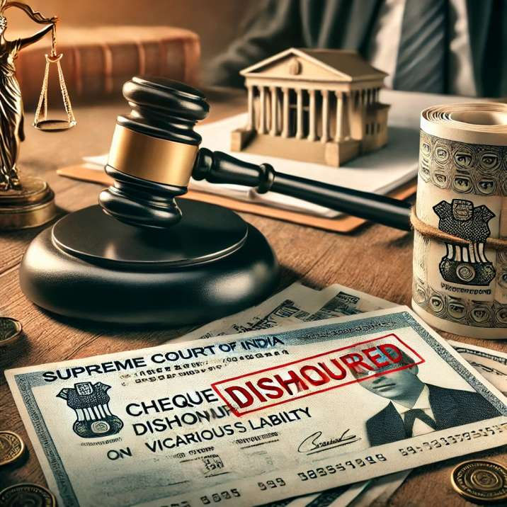 A dishonoured cheque with a stamp, legal documents, and a gavel in the foreground, with the Supreme Court of India in the background, symbolizing a significant ruling on cheque bounce cases.