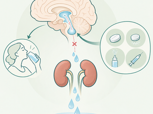 Diagram explaining central diabetes insipidus, AVP deficiency, excess urine production and desmopressin treatment.