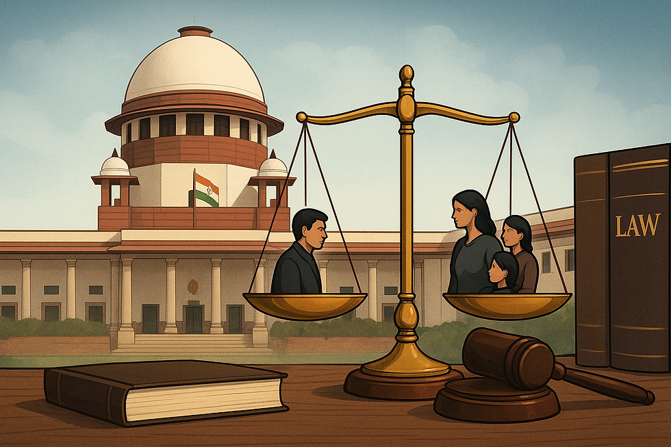 Supreme Court of India illustration with balanced justice scales representing victims’ right to appeal against acquittals under BNSS 2023.