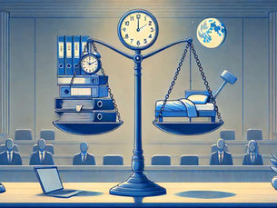A courtroom scene where a judge delivers a verdict, with a tired security constable resting in the background, symbolizing work-life balance and legal justice.