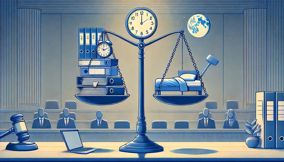 A symbolic courtroom scene featuring scales of justice. One side holds stacks of work files and clocks, while the other holds a bed with a gavel, representing the balance between work-life and legal justice.